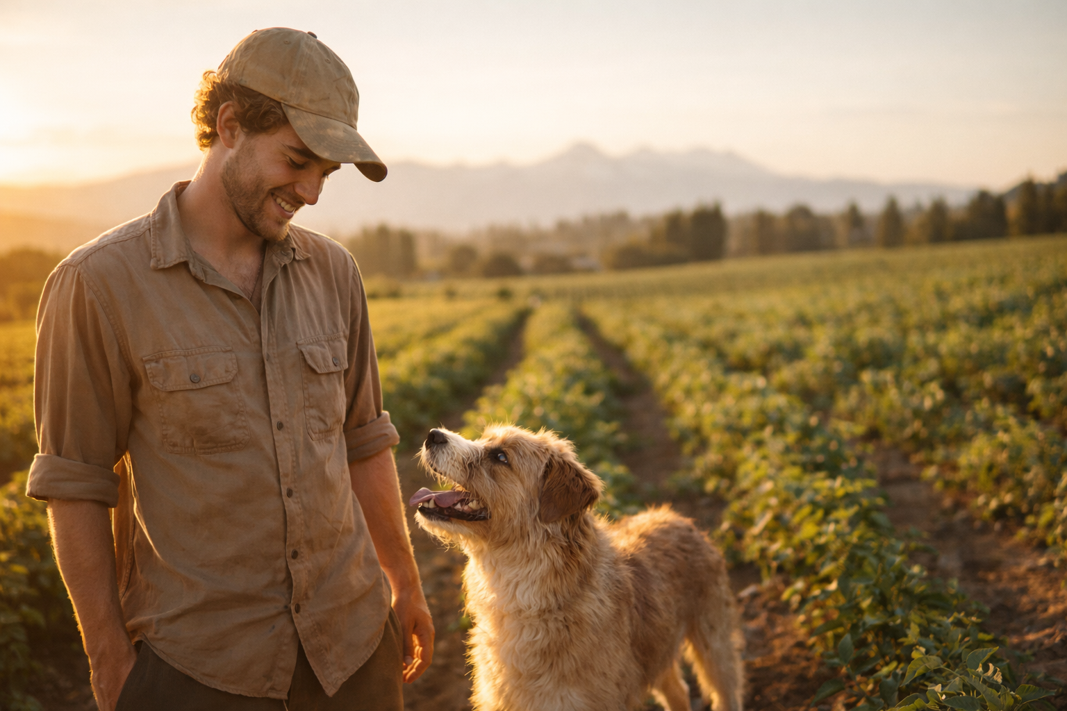 Farmer with his dog Bulishi on the American Reefer farm at golden hour
