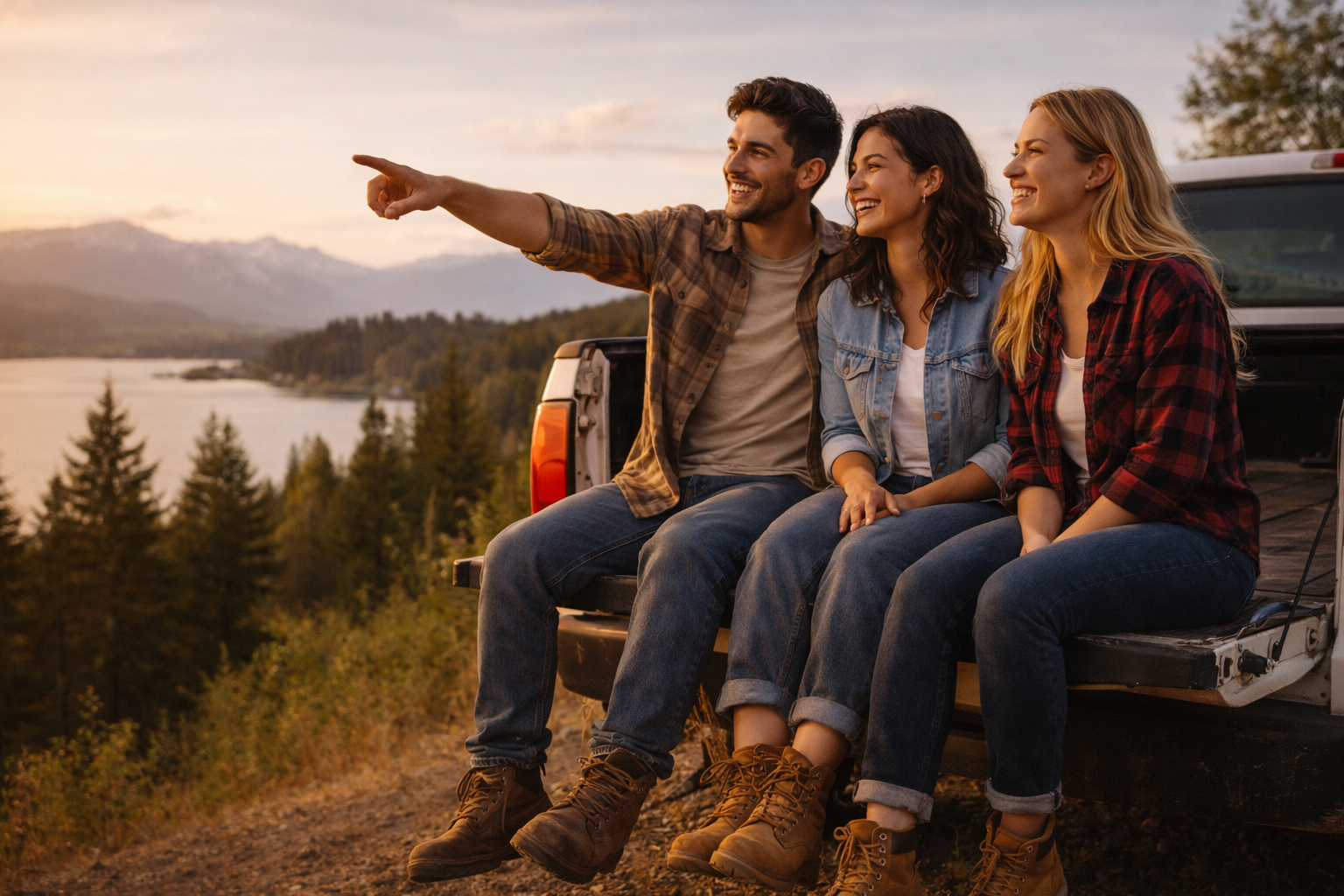 Friends enjoying the outdoors on a truck tailgate